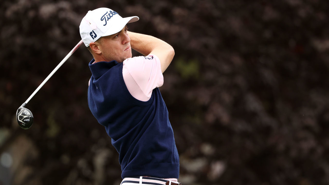 THOUSAND OAKS, CALIFORNIA - OCTOBER 24: Justin Thomas of the United States plays his shot from the first tee during the third round of the Zozo Championship @ Sherwood on October 24, 2020 in Thousand Oaks, California.