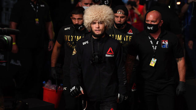 ABU DHABI, UNITED ARAB EMIRATES - OCTOBER 25: Khabib Nurmagomedov of Russia walks to the Octagon prior to his lightweight title bout against Justin Gaethje during the UFC 254 event on October 25, 2020 on UFC Fight Island, Abu Dhabi, United Arab Emirates.