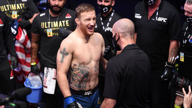 ABU DHABI, UNITED ARAB EMIRATES - OCTOBER 25: Justin Gaethje prepares to enter the Octagon prior to his lightweight title bout against Khabib Nurmagomedov of Russia during the UFC 254 event on October 25, 2020 on UFC Fight Island, Abu Dhabi, United Arab Emirates.