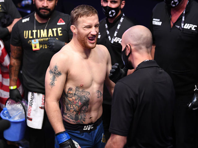 ABU DHABI, UNITED ARAB EMIRATES - OCTOBER 25: Justin Gaethje prepares to enter the Octagon prior to his lightweight title bout against Khabib Nurmagomedov of Russia during the UFC 254 event on October 25, 2020 on UFC Fight Island, Abu Dhabi, United Arab Emirates.