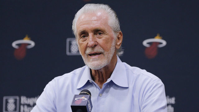 MIAMI, FLORIDA - SEPTEMBER 27: President Pat Riley of the Miami Heat addresses the media during the introductory press conference for Jimmy Butler at American Airlines Arena on September 27, 2019 in Miami, Florida.