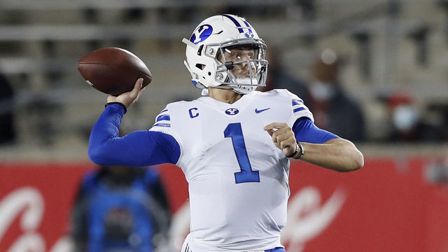 HOUSTON, TEXAS - OCTOBER 16: Zach Wilson #1 of the BYU Cougars looks to pass in the first half against the Houston Cougars at TDECU Stadium on October 16, 2020 in Houston, Texas.