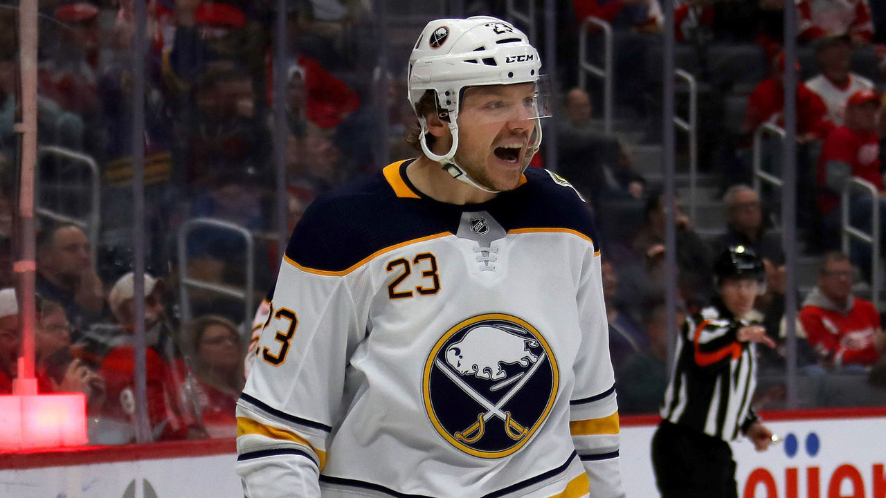 DETROIT, MICHIGAN - OCTOBER 25: Sam Reinhart #23 of the Buffalo Sabres celebrates his third period goal against the Detroit Red Wings at Little Caesars Arena on October 25, 2019 in Detroit, Michigan. Buffalo won the game 2-0.