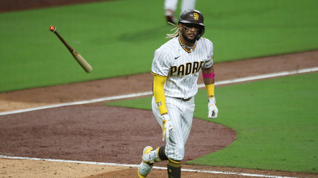 SAN DIEGO, CA - OCTOBER 01: Fernando Tatis Jr. #23 of the San Diego Padres flips his bat after hitting a three-run home run in the six inning during Game 2 of the Wild Card Series between the St. Louis Cardinals and the San Diego Padres at Petco Park on Thursday, October 1, 2020 in San Diego, California.