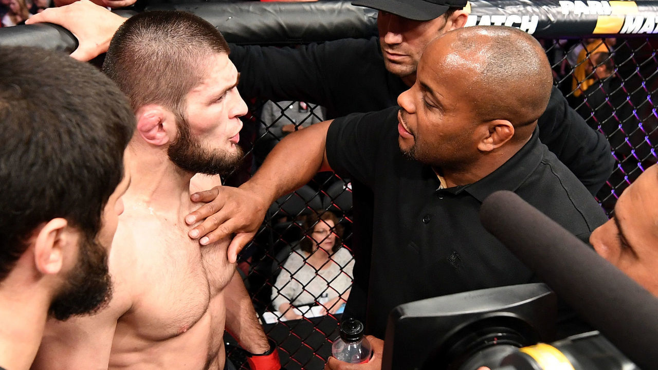 LAS VEGAS, NV - OCTOBER 06: (R-L) Teammates Daniel Cormier and Luke Rockhold talk to Khabib Nurmagomedov of Russia after a post-fight incident during the UFC 229 event inside T-Mobile Arena on October 6, 2018 in Las Vegas, Nevada.