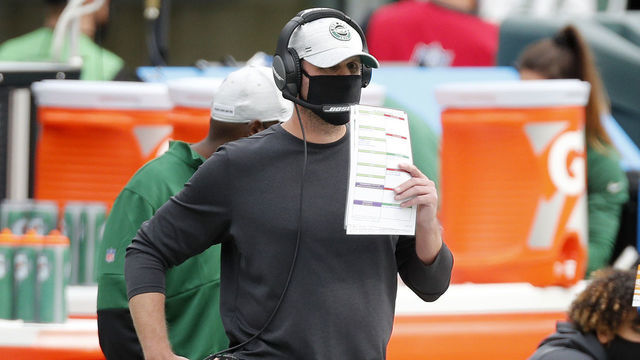 EAST RUTHERFORD, NEW JERSEY - OCTOBER 11: (NEW YORK DAILIES OUT) Head coach Adam Gase of the New York Jets looks on against the Arizona Cardinals at MetLife Stadium on October 11, 2020 in East Rutherford, New Jersey. The Cardinals defeated the Jets 30-10.