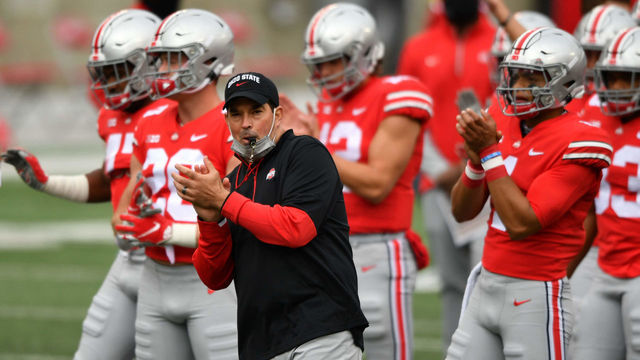 COLUMBUS, OH - OCTOBER 24: Head Coach Ryan Day of the Ohio State Buckeyes and his team warm up before their game against the Nebraska Cornhuskers at Ohio Stadium on October 24, 2020 in Columbus, Ohio.