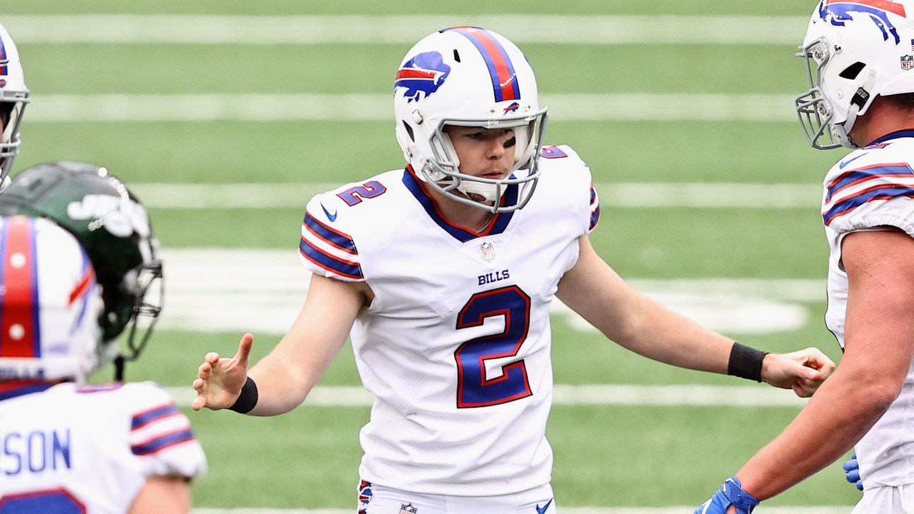 EAST RUTHERFORD, NEW JERSEY - OCTOBER 25: Kicker Tyler Bass #2 of the Buffalo Bills is congratulated on his successful field goal attempt against the New York Jets by Tyler Kroft #81 in the second quarter of the game at MetLife Stadium on October 25, 2020 in East Rutherford, New Jersey.