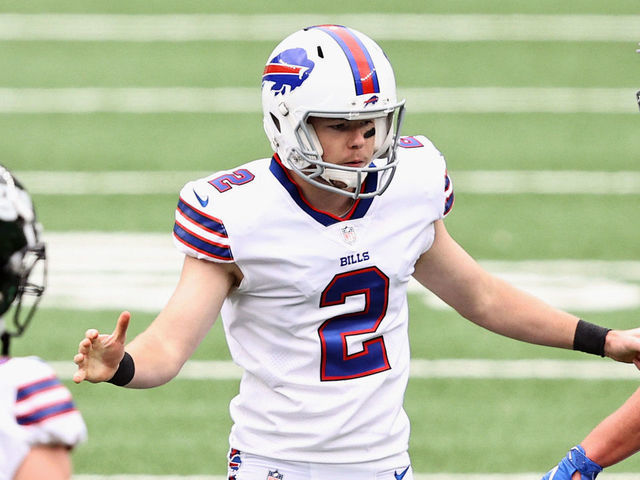 EAST RUTHERFORD, NEW JERSEY - OCTOBER 25: Kicker Tyler Bass #2 of the Buffalo Bills is congratulated on his successful field goal attempt against the New York Jets by Tyler Kroft #81 in the second quarter of the game at MetLife Stadium on October 25, 2020 in East Rutherford, New Jersey.
