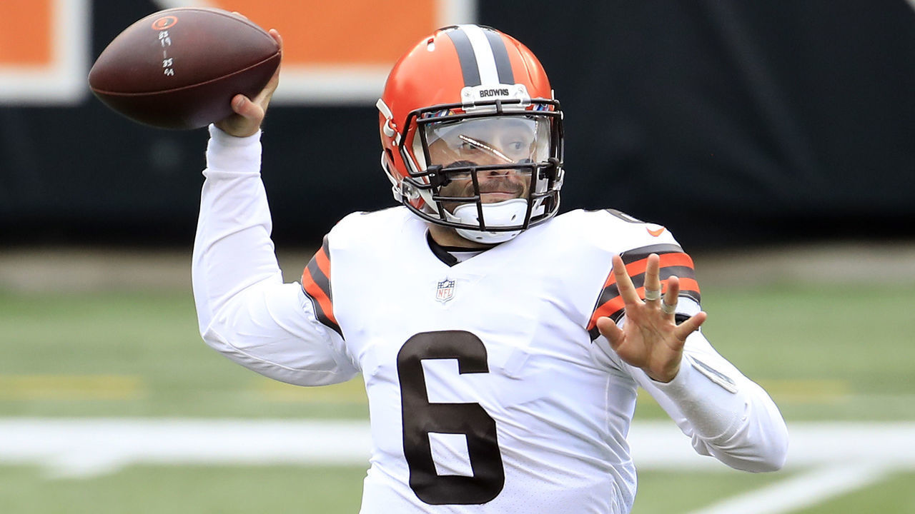 CINCINNATI, OHIO - OCTOBER 25: Baker Mayfield #6 of the Cleveland Browns attempts a pass against the Cincinnati Bengals during the second half at Paul Brown Stadium on October 25, 2020 in Cincinnati, Ohio.