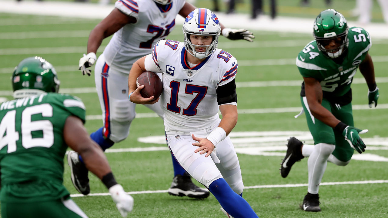 EAST RUTHERFORD, NEW JERSEY - OCTOBER 25: Quarterback Josh Allen #17 of the Buffalo Bills runs with the ball against the New York Jets in the fourth quarter of the game at MetLife Stadium on October 25, 2020 in East Rutherford, New Jersey.