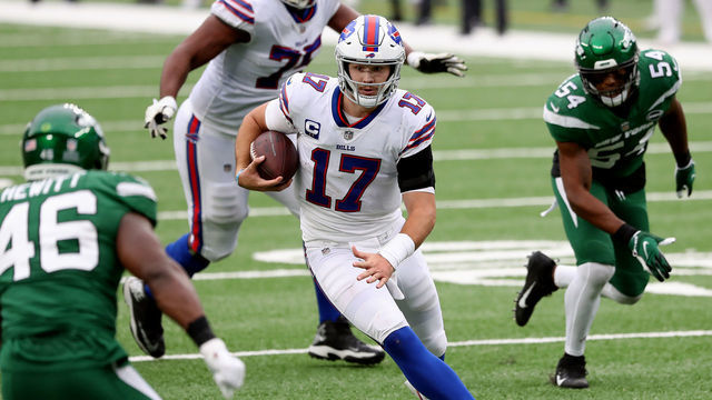 EAST RUTHERFORD, NEW JERSEY - OCTOBER 25: Quarterback Josh Allen #17 of the Buffalo Bills runs with the ball against the New York Jets in the fourth quarter of the game at MetLife Stadium on October 25, 2020 in East Rutherford, New Jersey.
