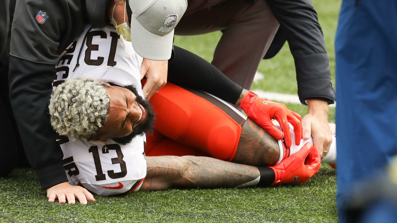 CINCINNATI, OH - OCTOBER 25: Cleveland Browns wide receiver Odell Beckham Jr. (13) injures his leg during the game against the Cleveland Browns and the Cincinnati Bengals on October 25, 2020, at Paul Brown Stadium in Cincinnati, OH.