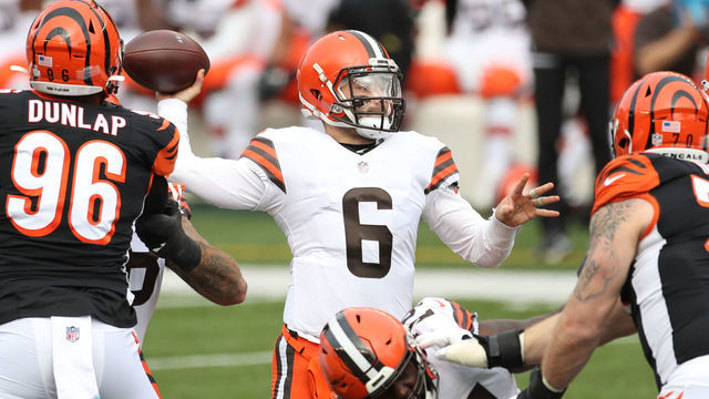 CINCINNATI, OH - OCTOBER 25: Cleveland Browns quarterback Baker Mayfield (6) passes the ball during the game against the Cleveland Browns and the Cincinnati Bengals on October 25, 2020, at Paul Brown Stadium in Cincinnati, OH.