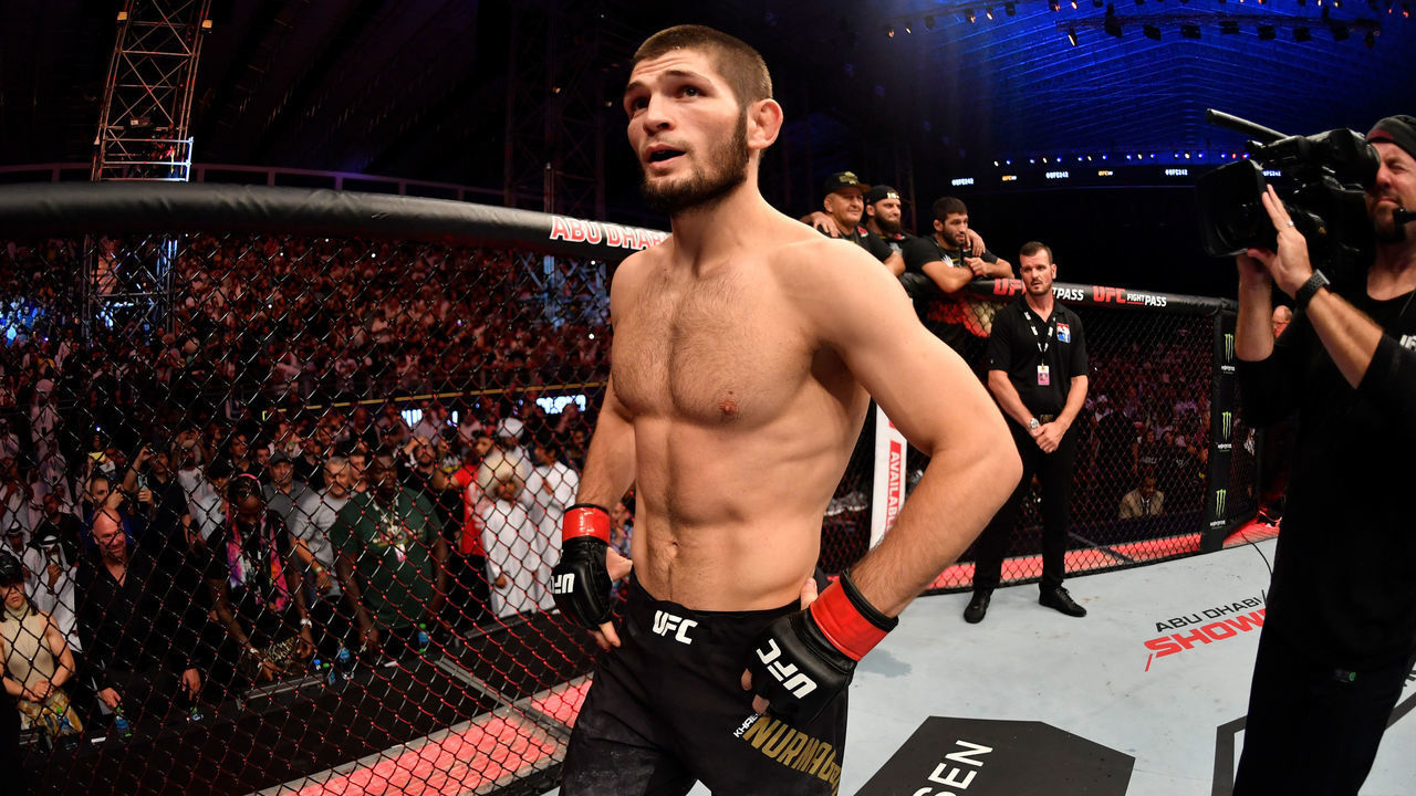 ABU DHABI, UNITED ARAB EMIRATES - SEPTEMBER 07: Khabib Nurmagomedov of Russia stands in his corner prior to his lightweight championship bout against Dustin Poirier during UFC 242 at The Arena on September 7, 2019 in Yas Island, Abu Dhabi, United Arab Emirates.