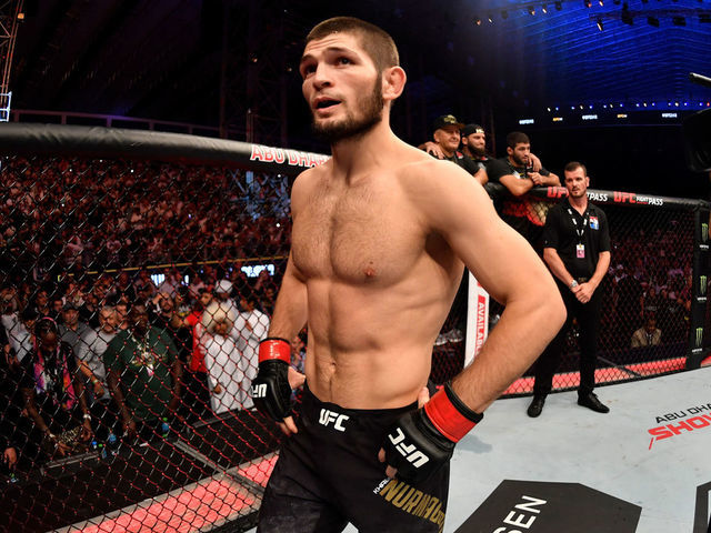 ABU DHABI, UNITED ARAB EMIRATES - SEPTEMBER 07: Khabib Nurmagomedov of Russia stands in his corner prior to his lightweight championship bout against Dustin Poirier during UFC 242 at The Arena on September 7, 2019 in Yas Island, Abu Dhabi, United Arab Emirates.