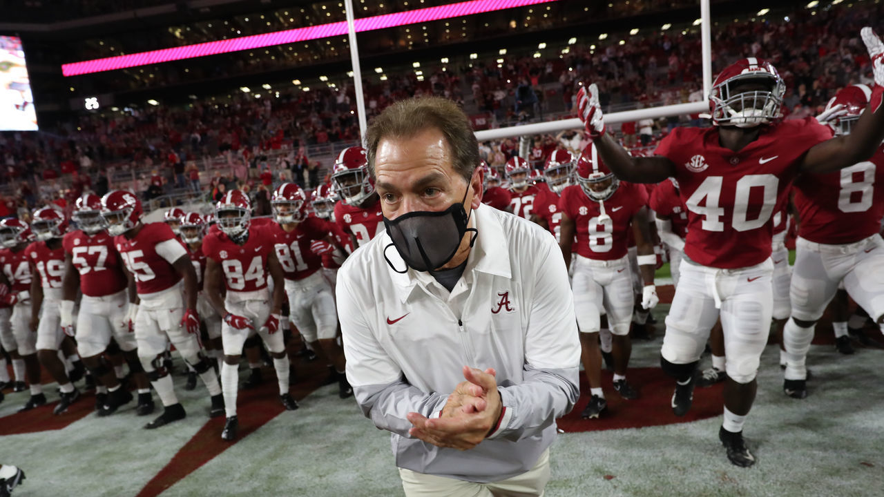 TUSCALOOSA, AL - OCTOBER 17: Nick Saban, Head Coach of the Alabama Crimson Tide, leads his team onto the field to face the Georgia Bulldogs at Bryant-Denny Stadium on October 17, 2020 in Tuscaloosa, Alabama.