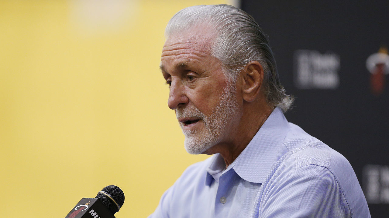 MIAMI, FLORIDA - SEPTEMBER 27: President Pat Riley of the Miami Heat addresses the media during the introductory press conference for Jimmy Butler at American Airlines Arena on September 27, 2019 in Miami, Florida.