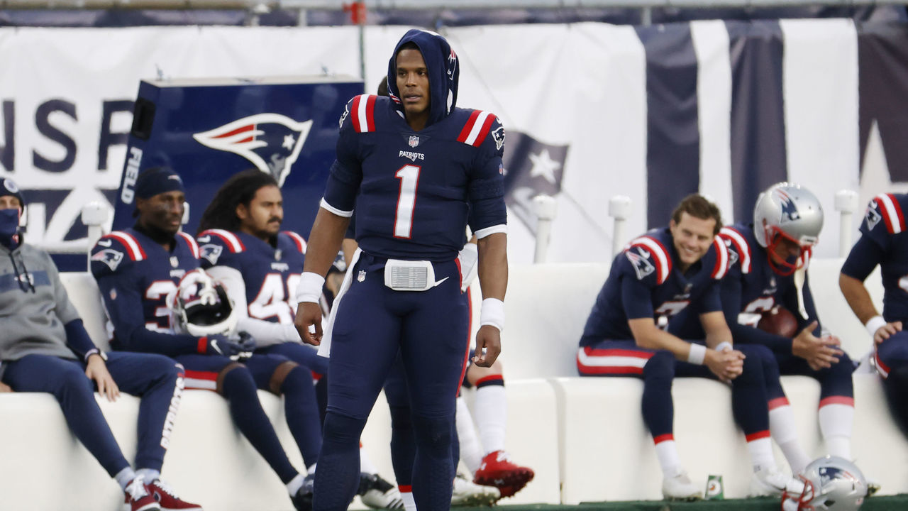 FOXBOROUGH, MA - OCTOBER 25: New England Patriots quarterback Cam Newton (1) can only watch from the sidelines during a game between the New England Patriots and the San Francisco 49ers on October 25, 2020, at Gillette Stadium in Foxborough, Massachusetts.