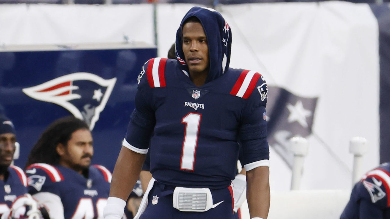 FOXBOROUGH, MA - OCTOBER 25: New England Patriots quarterback Cam Newton (1) can only watch from the sidelines during a game between the New England Patriots and the San Francisco 49ers on October 25, 2020, at Gillette Stadium in Foxborough, Massachusetts.