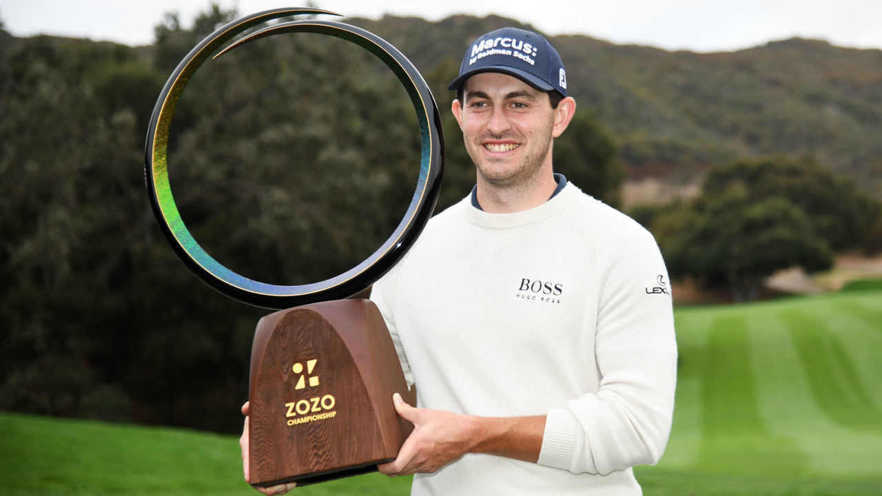 THOUSAND OAKS, CALIFORNIA - OCTOBER 25: Patrick Cantlay of the United States celebrates with the trophy after winning during the final round of the Zozo Championship @ Sherwood on October 25, 2020 in Thousand Oaks, California.
