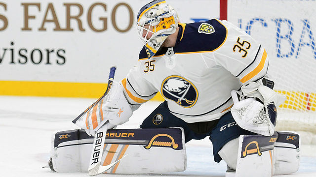 ST. LOUIS, MO. - JANUARY 09: Buffalo Sabres goaltender Linus Ullmark (35) during an NHL game between the Buffalo Sabres and the St. Louis Blues on January 09, 2020, at Enterprise Center, St. Louis, Mo. Photo by Keith Gillett/Icon Sportswire via Getty Images)