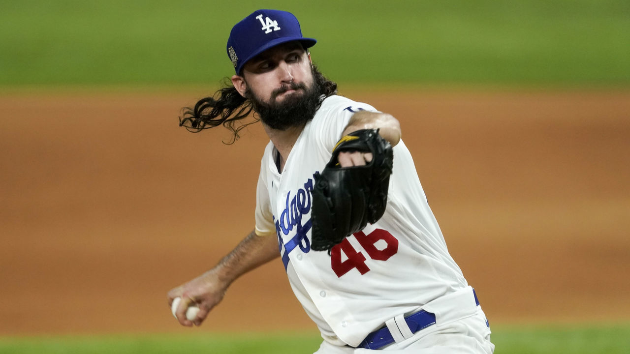 ARLINGTON, TX - OCTOBER 21: Tony Gonsolin #46 of the Los Angeles Dodgers pitches in the second inning during Game 2 of the 2020 World Series between the Los Angeles Dodgers and the Tampa Bay Rays at Globe Life Field on Wednesday, October 21, 2020 in Arlington, Texas.