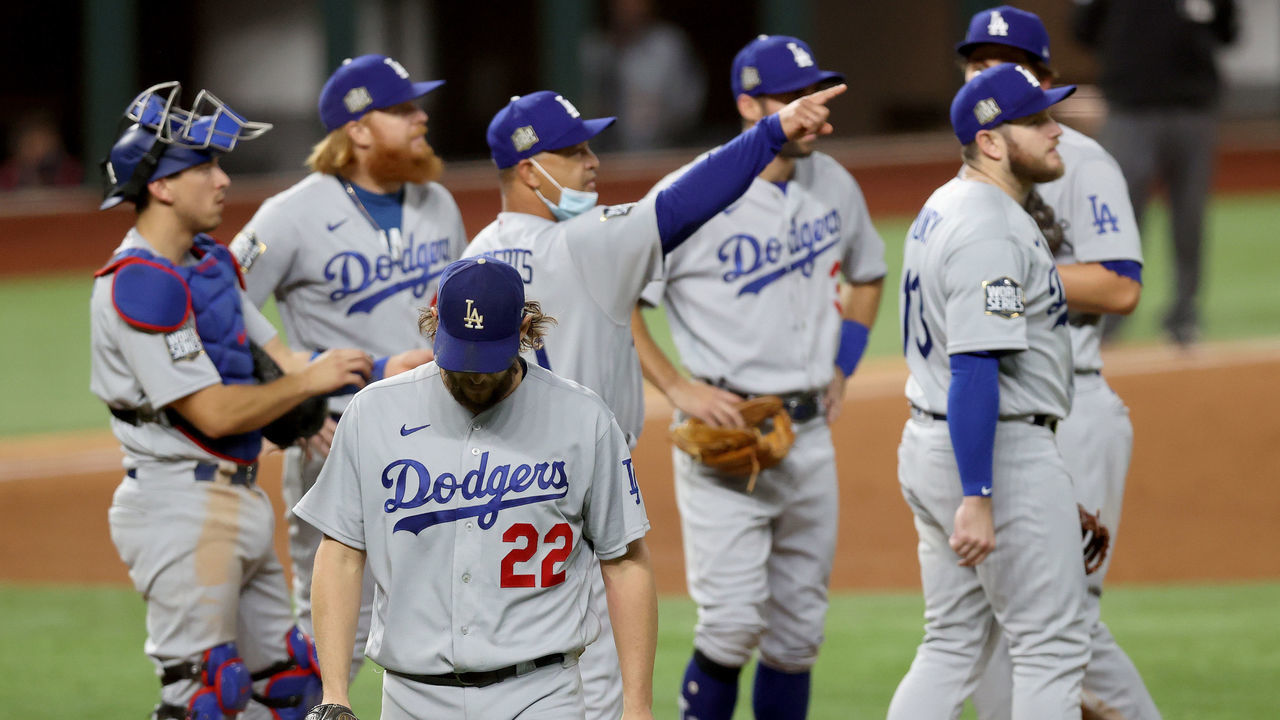 ARLINGTON, TEXAS - OCTOBER 25: Clayton Kershaw #22 of the Los Angeles Dodgers reacts as he is taken out of the game against the Tampa Bay Rays during the sixth inning in Game Five of the 2020 MLB World Series at Globe Life Field on October 25, 2020 in Arlington, Texas.