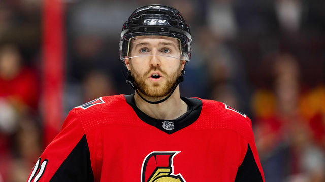 OTTAWA, ON - JANUARY 18: Ottawa Senators Center Chris Tierney (71) communicates with teammates before a face-off during third period National Hockey League action between the Calgary Flames and Ottawa Senators on January 18, 2020, at Canadian Tire Centre in Ottawa, ON, Canada.