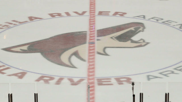 GLENDALE, AZ - MARCH 26: The Coyotes logo on the ice during the NHL hockey game between the Chicago Blackhawks and the Arizona Coyotes on March 26, 2019 at Gila River Arena in Glendale, Arizona.