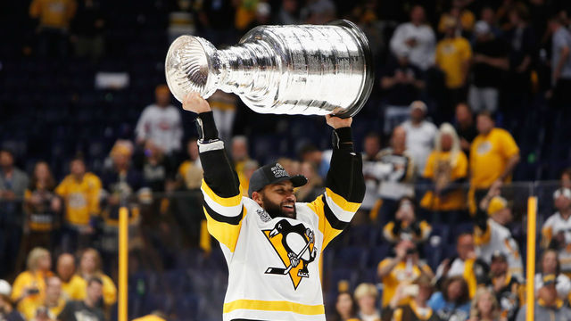 NASHVILLE, TN - JUNE 11: Trevor Daley #6 of the Pittsburgh Penguins celebrates after defeating the Nashville Predators 2-0 in Game Six of the 2017 NHL Stanley Cup Final at the Bridgestone Arena on June 11, 2017 in Nashville, Tennessee.