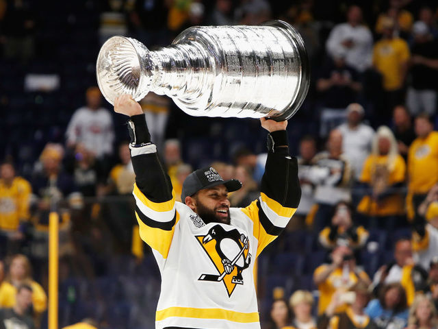 NASHVILLE, TN - JUNE 11: Trevor Daley #6 of the Pittsburgh Penguins celebrates after defeating the Nashville Predators 2-0 in Game Six of the 2017 NHL Stanley Cup Final at the Bridgestone Arena on June 11, 2017 in Nashville, Tennessee.