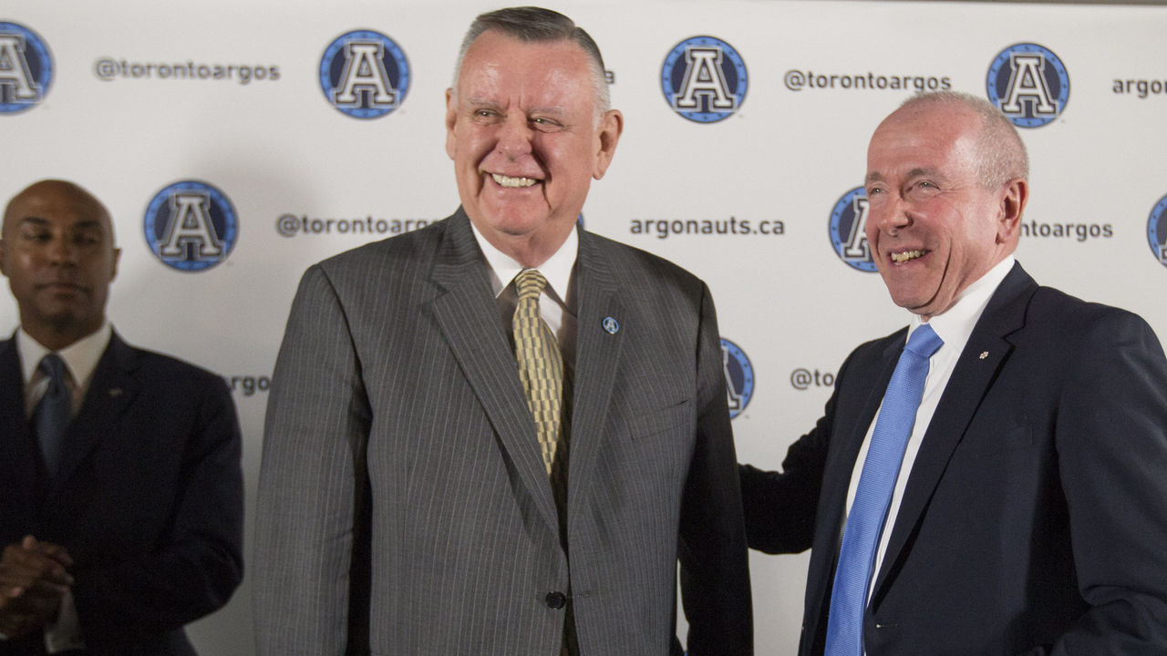 TORONTO, ON - MAY 11: Current Argo's owner David Braley and Larry Tannenbaum, Chairman MLSE, take part in a press conference at the BMO Field. The Argos today announced the sale on the team to Bell and Larry Tannembaum. (Bernard Weil/Toronto Star via Getty Images)