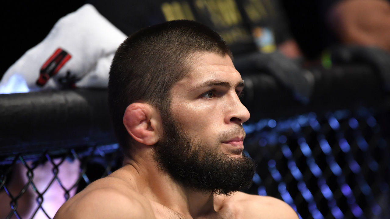 ABU DHABI, UNITED ARAB EMIRATES - OCTOBER 25: Khabib Nurmagomedov of Russia stands in his corner prior to his lightweight title bout against Justin Gaethje during the UFC 254 event on October 25, 2020 on UFC Fight Island, Abu Dhabi, United Arab Emirates.