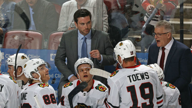 SUNRISE, FL - FEBRUARY 29: Head coach Jeremy Colliton of the Chicago Blackhawks directs the players during a time out in the third period against the Florida Panthers at the BB&T Center on February 29, 2020 in Sunrise, Florida. The Blackhawks defeated the Panthers 3-2 in a shootout.