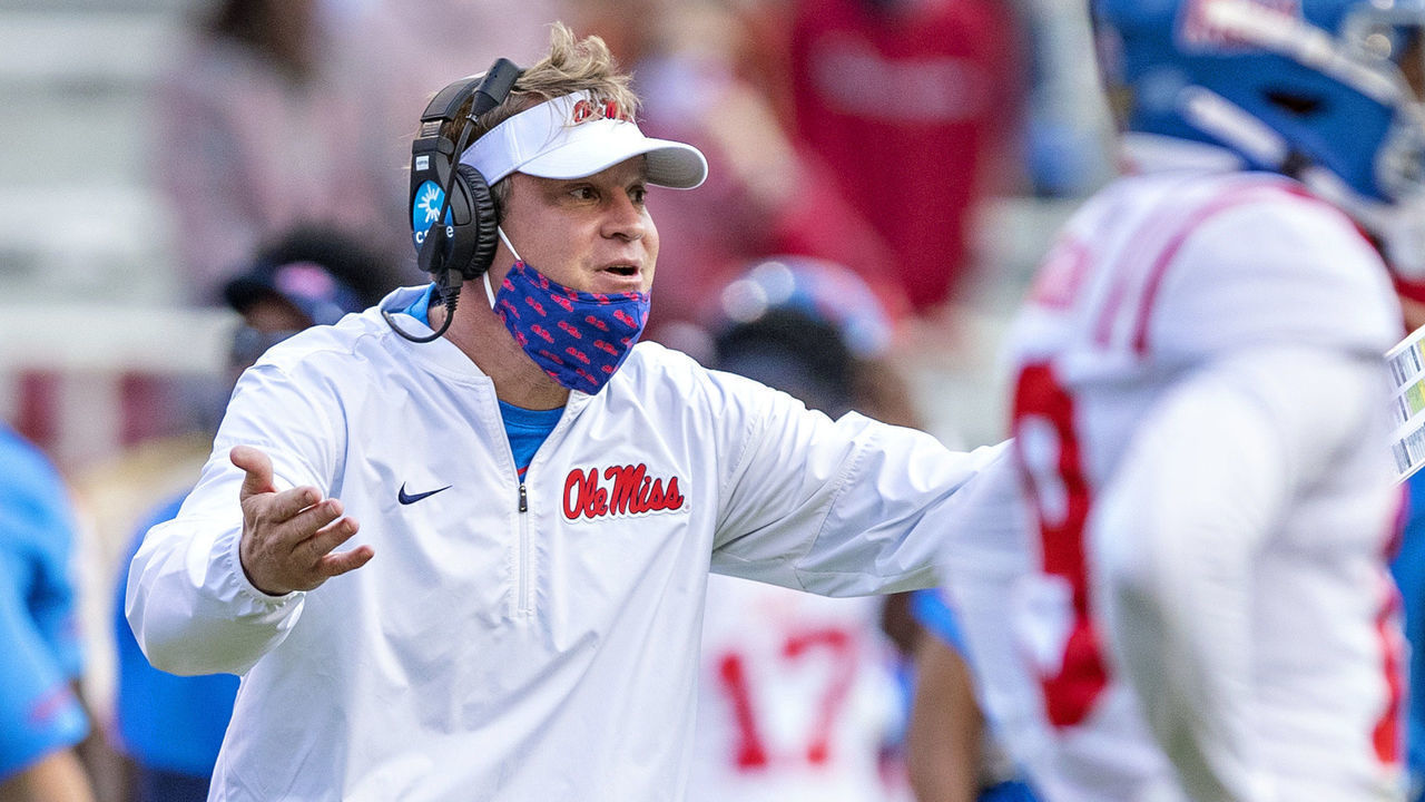 FAYETTEVILLE, AR - OCTOBER 17: Head Coach Lane Kiffin of the Mississippi Rebels argues a call with the officials during a game against the Arkansas Razorbacks at Razorback Stadium on October 17, 2020 in Fayetteville, Arkansas. The Razorbacks defeated the Rebels 33-21.