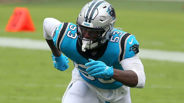 TAMPA, FL - SEP 20: Brian Burns (53) of the Panthers rushes the passer during the regular season game between the Carolina Panthers and the Tampa Bay Buccaneers on September 20, 2020 at Raymond James Stadium in Tampa, Florida.