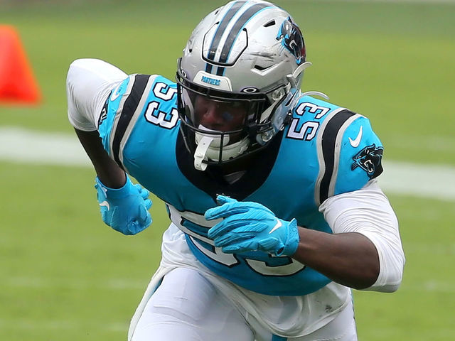 TAMPA, FL - SEP 20: Brian Burns (53) of the Panthers rushes the passer during the regular season game between the Carolina Panthers and the Tampa Bay Buccaneers on September 20, 2020 at Raymond James Stadium in Tampa, Florida.