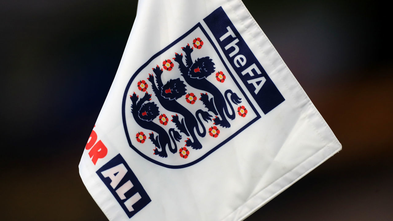 A general view of an England and FA branded corner flag during the UEFA Euro 2021 Under-21 Qualifying Group 3 match at Molineux, Wolverhampton.