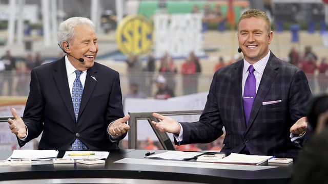 ATLANTA, GA - DECEMBER 07: Lee Corso and Kirk Herbstreit at ESPN College Game Day during a game between Georgia Bulldogs and LSU Tigers at Mercedes Benz Stadium on December 7, 2019 in Atlanta, Georgia.