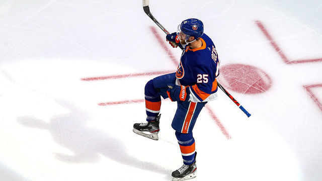 EDMONTON, ALBERTA - SEPTEMBER 17: Devon Toews #25 of the New York Islanders celebrates after scoring a goal against the Tampa Bay Lightning during the first period in Game Six of the Eastern Conference Final during the 2020 NHL Stanley Cup Playoffs at Rogers Place on September 17, 2020 in Edmonton, Alberta, Canada.