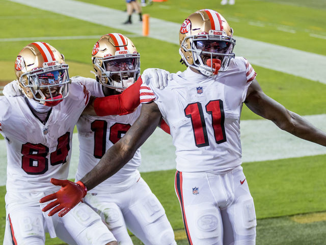 SANTA CLARA, CA - OCTOBER 18: San Francisco 49ers Wide Receiver Brandon Aiyuk (11) celebrates his touchdown pass during the NFL football game between the Los Angeles Rams and San Francisco 49ers on October 18, 2020 in Santa Clara, CA.