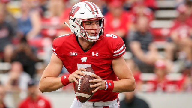 MADISON, WISCONSIN - SEPTEMBER 07: Graham Mertz #5 of the Wisconsin Badgers drops back to pass in the fourth quarter against the Central Michigan Chippewas at Camp Randall Stadium on September 07, 2019 in Madison, Wisconsin.