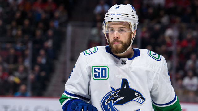 MONTREAL, QC - FEBRUARY 25: Oscar Fantenberg (5) of the Vancouver Canucks looks on during the first period period of the NHL game between the Vancouver Canucks and the Montreal Canadiens on February 25, 2020, at the Bell Centre in Montreal, QC