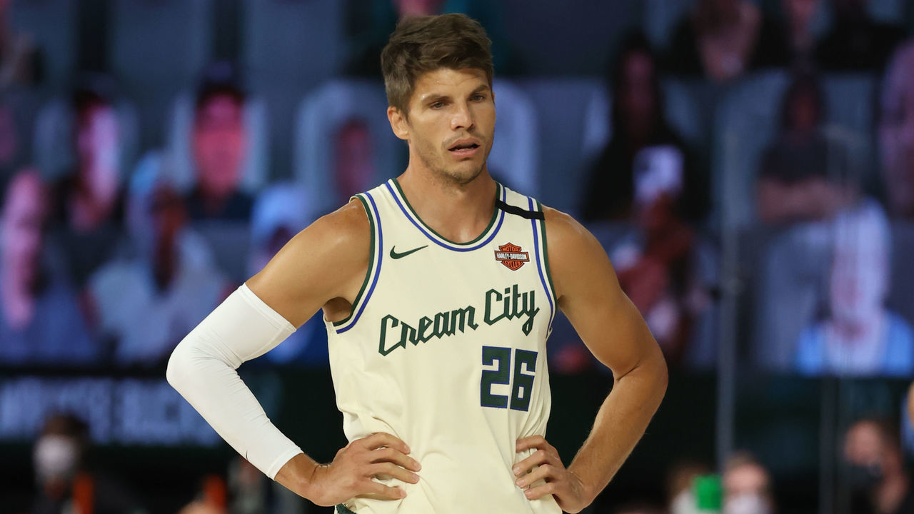 Orlando, FL - JULY 31: Kyle Korver #26 of the Milwaukee Bucks looks on against the Boston Celtics on July 31, 2020 at HP Field House at ESPN Wide World of Sports in Orlando, Florida. NOTE TO USER: User expressly acknowledges and agrees that, by downloading and/or using this Photograph, user is consenting to the terms and conditions of the Getty Images License Agreement. Mandatory Copyright Notice: Copyright 2020 NBAE