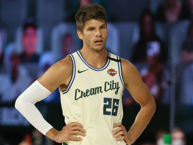 Orlando, FL - JULY 31: Kyle Korver #26 of the Milwaukee Bucks looks on against the Boston Celtics on July 31, 2020 at HP Field House at ESPN Wide World of Sports in Orlando, Florida. NOTE TO USER: User expressly acknowledges and agrees that, by downloading and/or using this Photograph, user is consenting to the terms and conditions of the Getty Images License Agreement. Mandatory Copyright Notice: Copyright 2020 NBAE