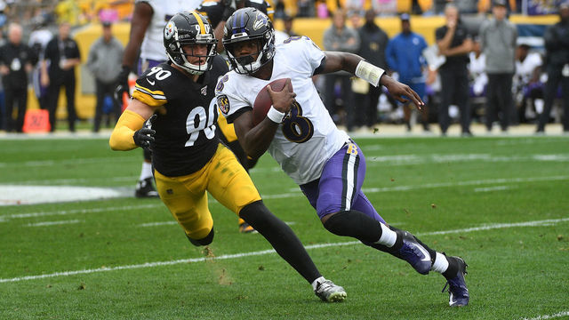 PITTSBURGH, PA - OCTOBER 06: Lamar Jackson #8 of the Baltimore Ravens scrambles under pressure from T.J. Watt #90 of the Pittsburgh Steelers in the first quarter during the game at Heinz Field on October 6, 2019 in Pittsburgh, Pennsylvania.