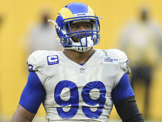 LANDOVER, MARYLAND - OCTOBER 11: Aaron Donald #99 of the Los Angeles Rams reacts after a play in the second half against the Washington Football Team at FedExField on October 11, 2020 in Landover, Maryland.