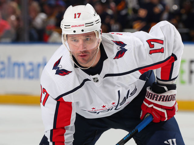 BUFFALO, NY - MARCH 9: Ilya Kovalchuk #17 of the Washington Capitals prepares for a faceoff during an NHL game against the Buffalo Sabres on March 9, 2020 at KeyBank Center in Buffalo, New York.