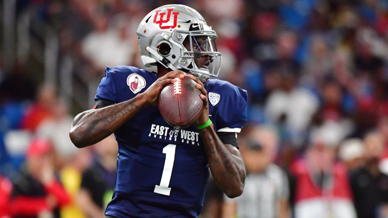 ST PETERSBURG, FLORIDA - JANUARY 18: Tyler Huntley #1 from Utah playing for the West Team drops back during the first quarter against the East Team at the 2020 East West Shrine Bowl at Tropicana Field on January 18, 2020 in St Petersburg, Florida.